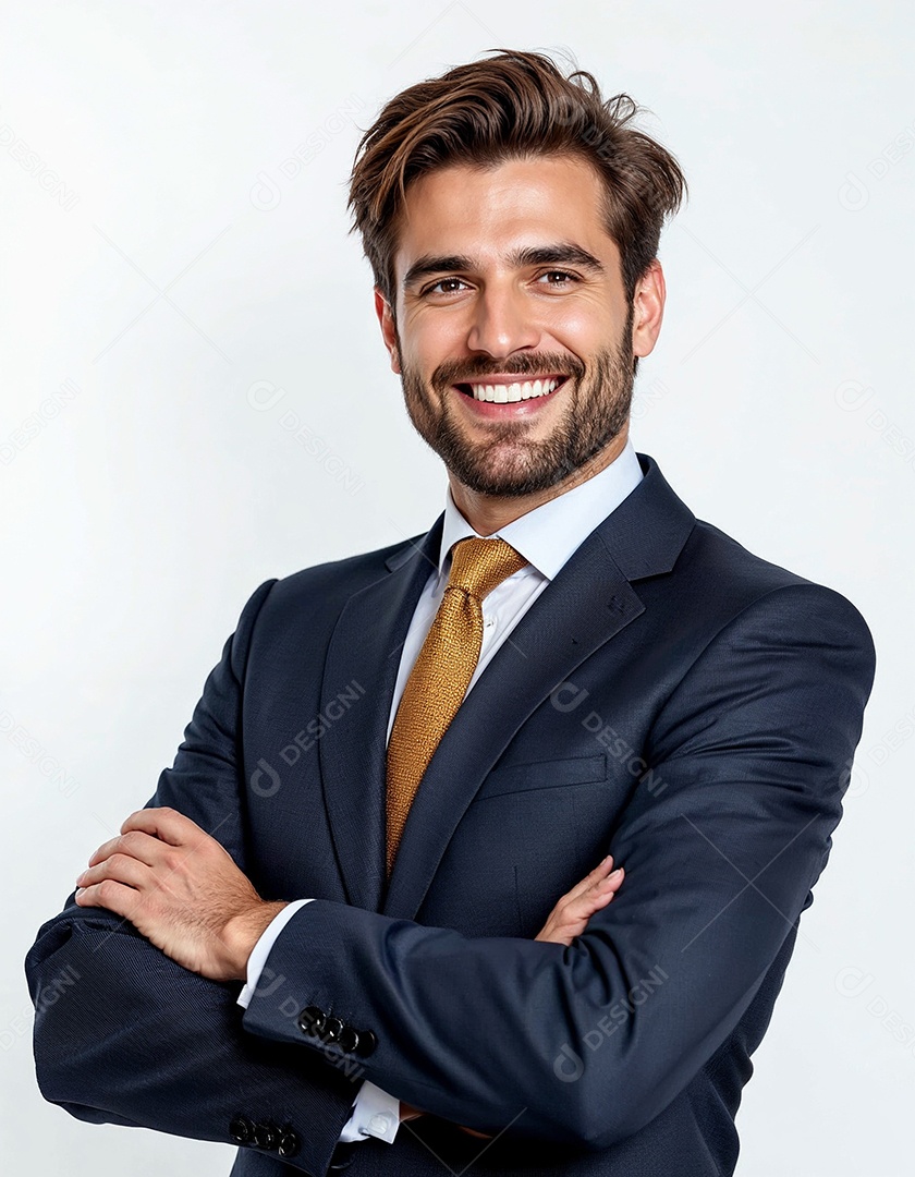 Um retrato de um empresário feliz com os braços cruzados em fundo branco