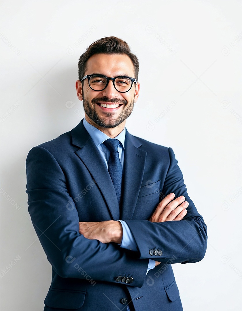 Um retrato de um empresário feliz com os braços cruzados em fundo branco
