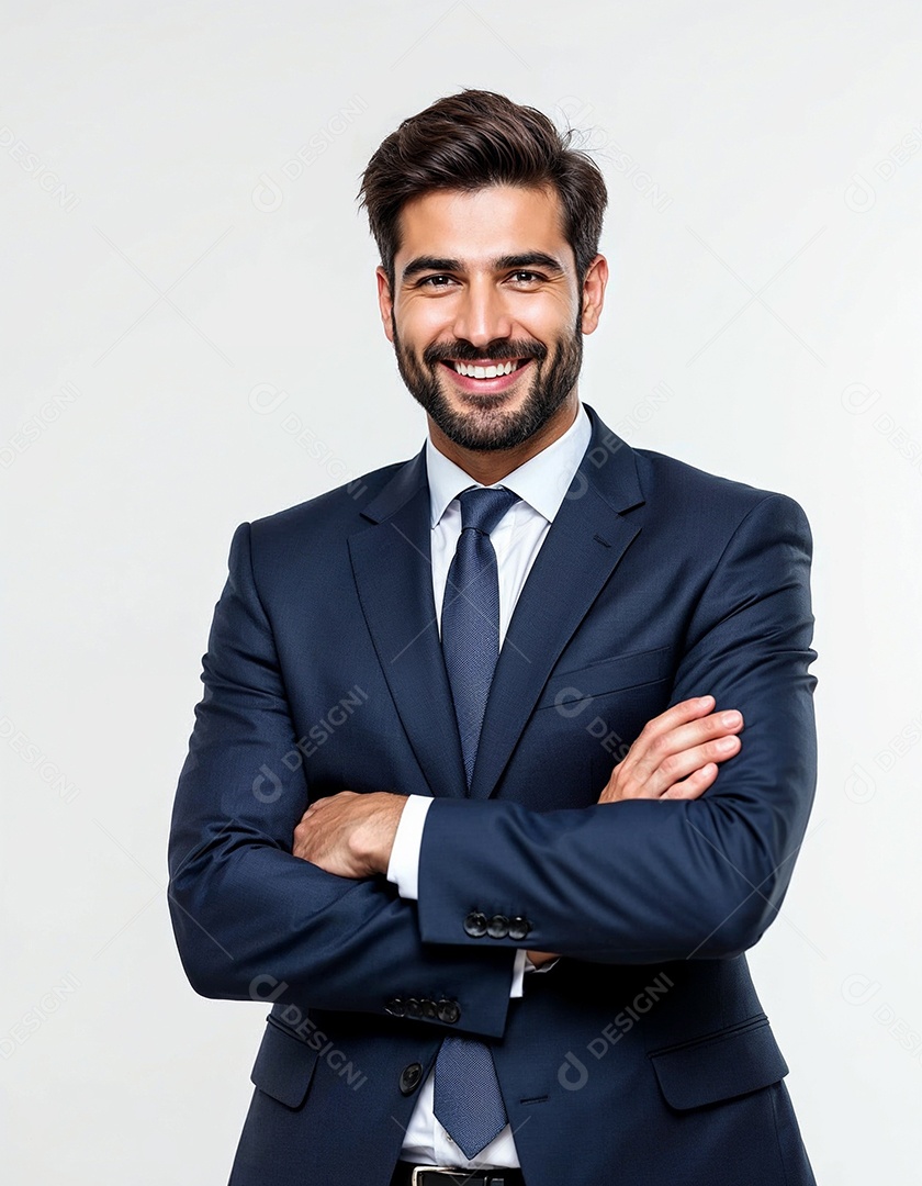Um retrato de um empresário feliz com os braços cruzados em fundo branco