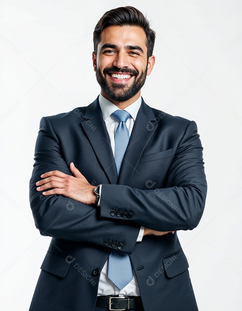 Um retrato de um empresário feliz com os braços cruzados em fundo branco