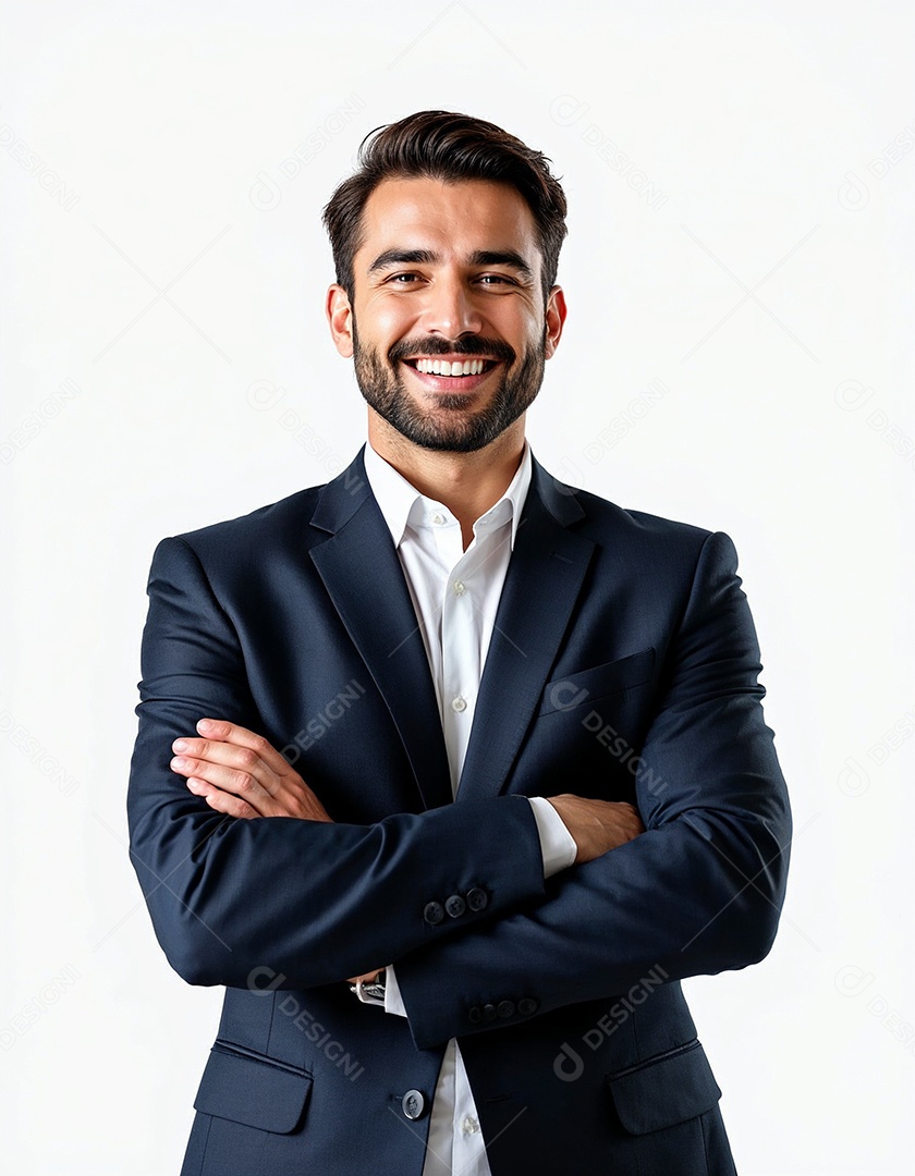 Um retrato de um empresário feliz com os braços cruzados em fundo branco