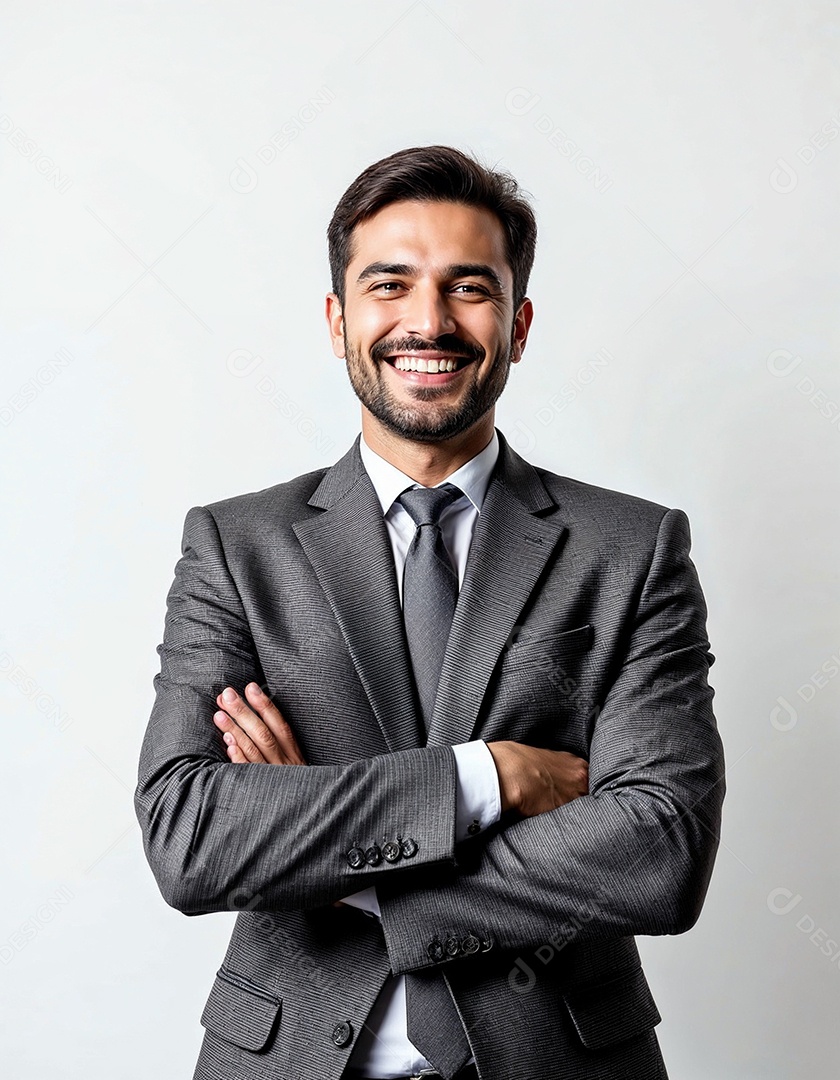 Um retrato de um empresário feliz com os braços cruzados em fundo branco