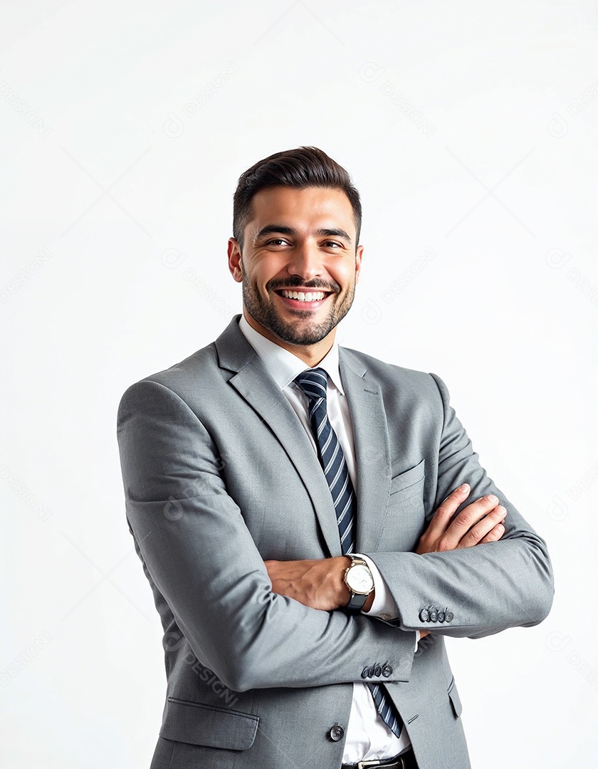 Um retrato de um empresário feliz com os braços cruzados em fundo branco