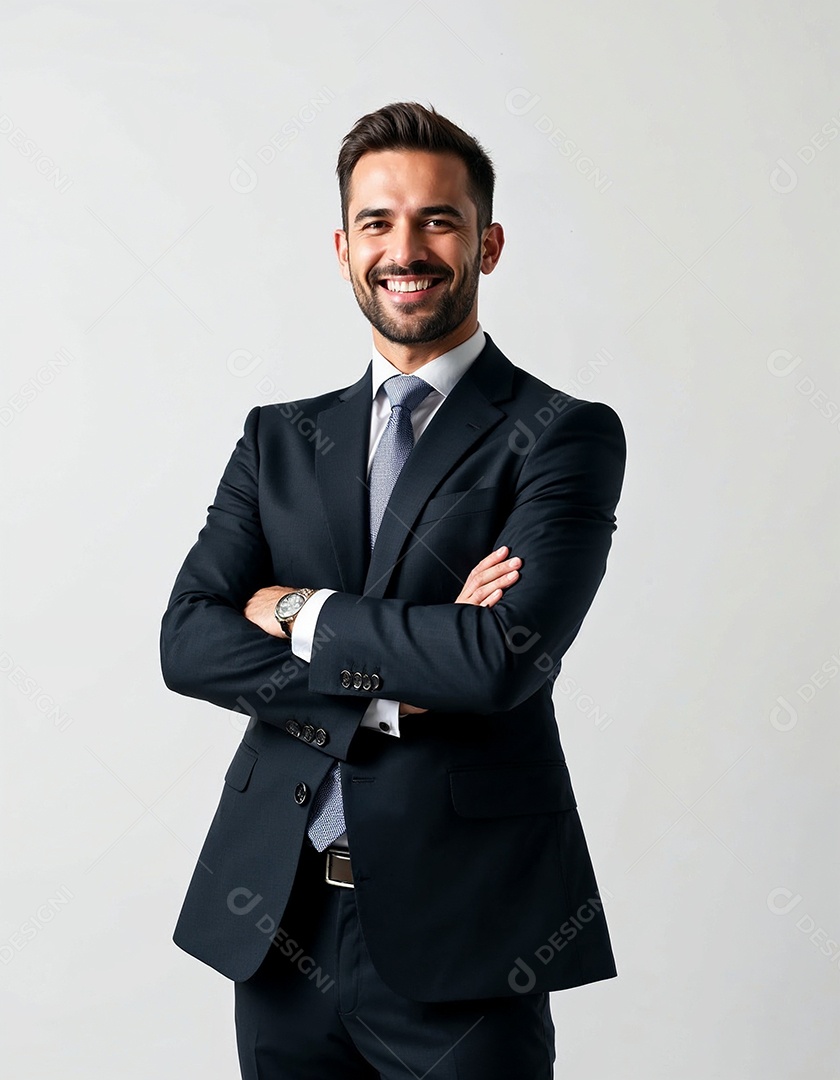 Um retrato de um empresário feliz com os braços cruzados em fundo branco