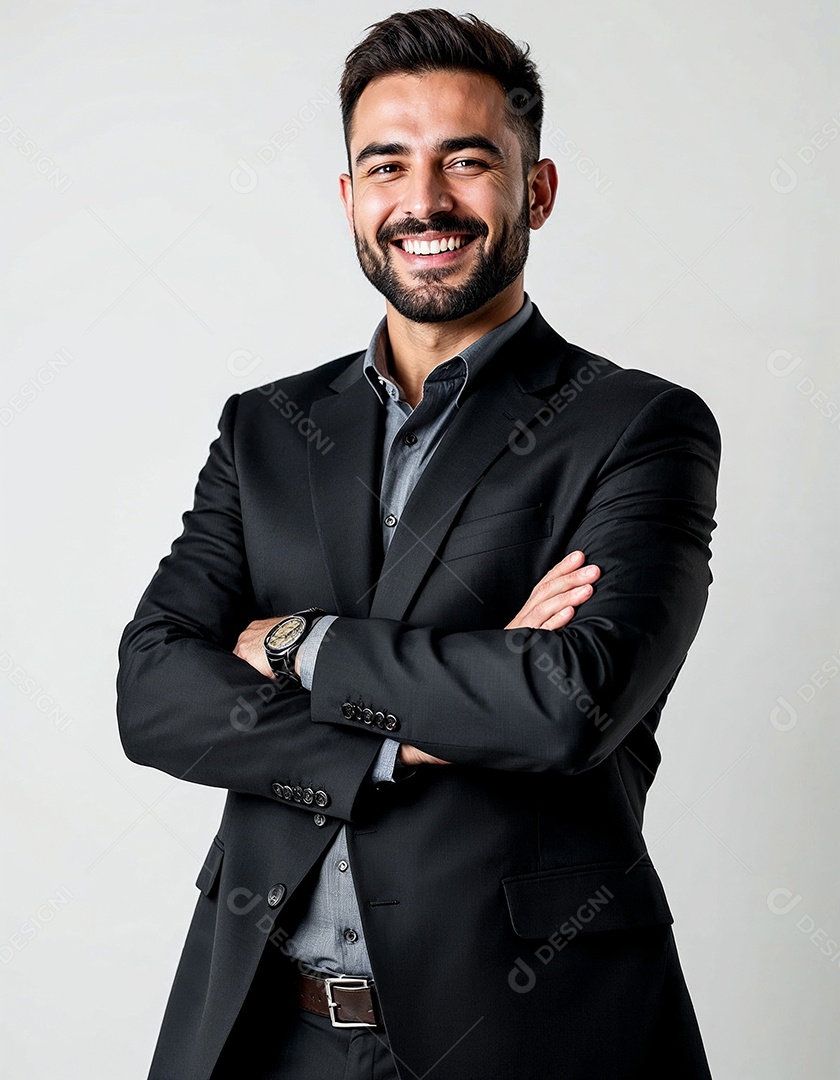 Um retrato de um empresário feliz com os braços cruzados em fundo branco
