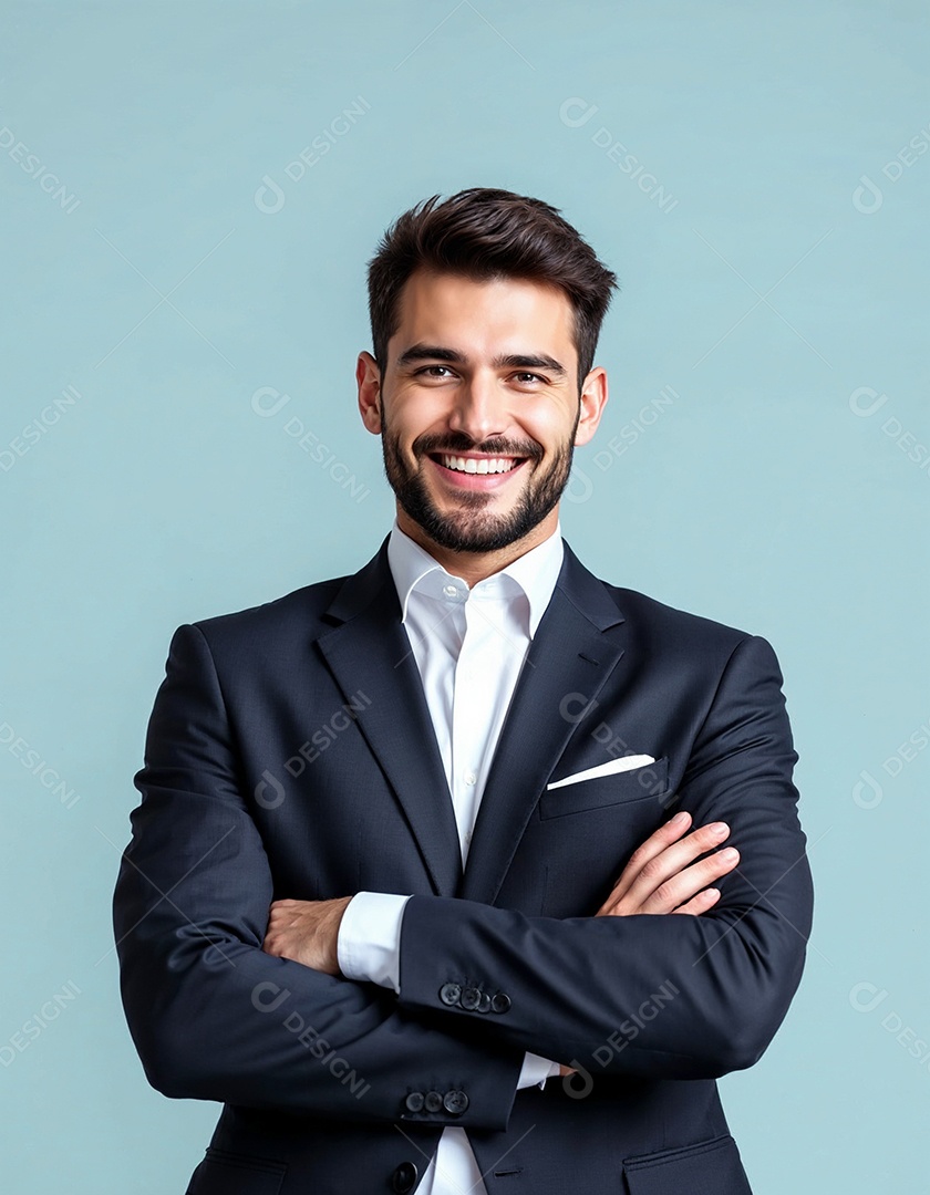 Um retrato de um empresário feliz com os braços cruzados em fundo branco