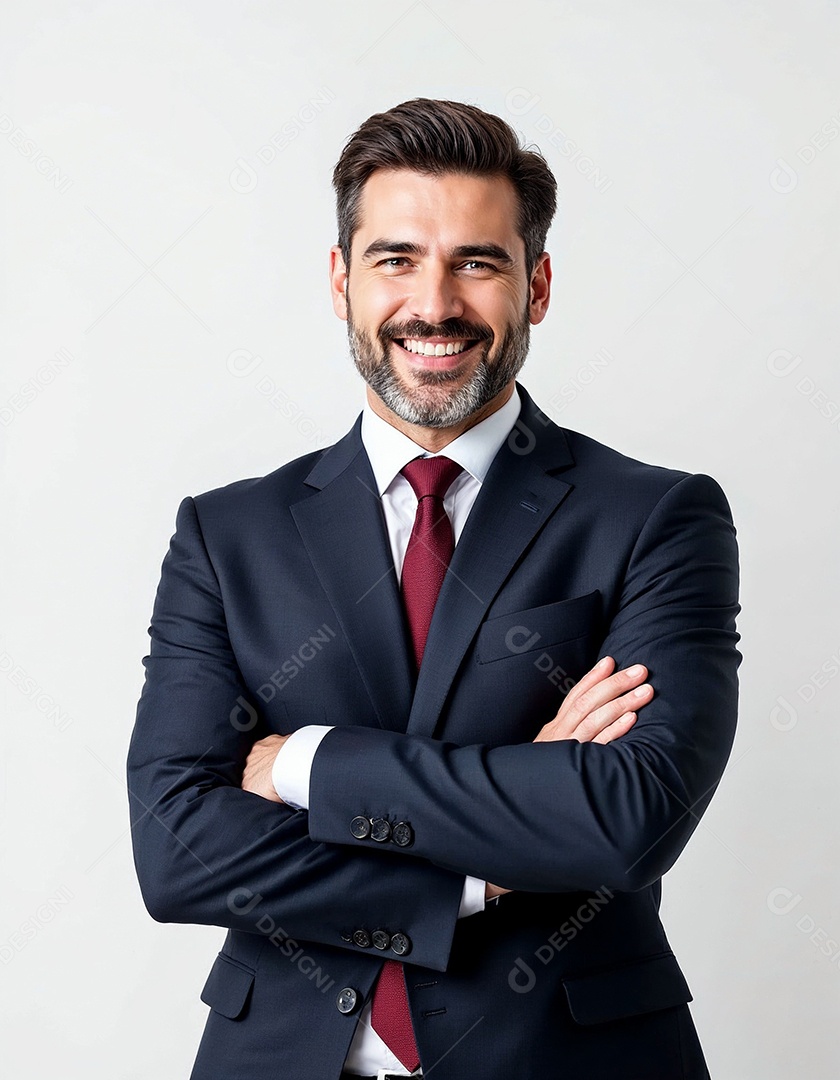 Um retrato de um empresário feliz com os braços cruzados em fundo branco