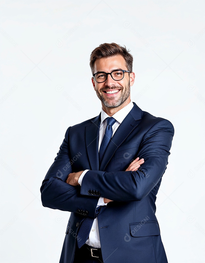 Um retrato de um empresário feliz com os braços cruzados em fundo branco