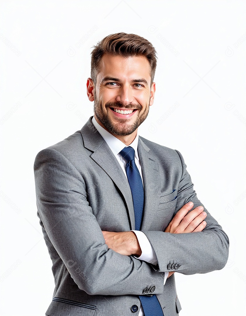 Um retrato de um empresário feliz com os braços cruzados em fundo branco