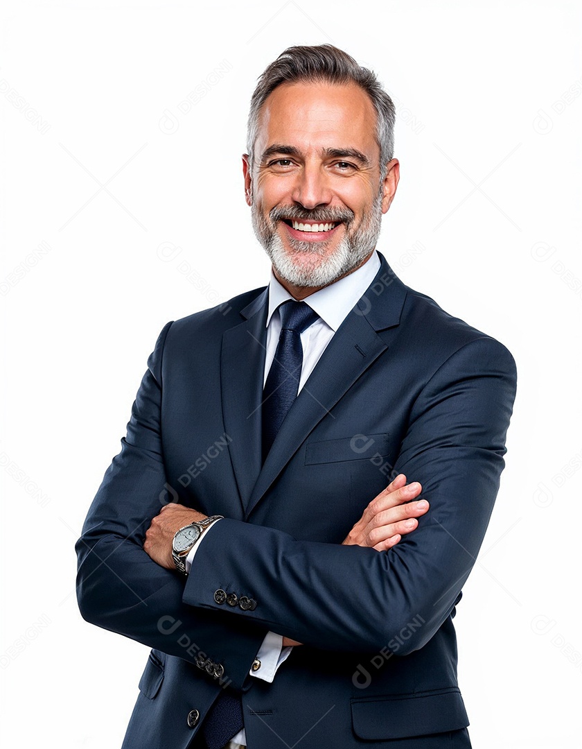 Um retrato de um empresário feliz com os braços cruzados em fundo branco