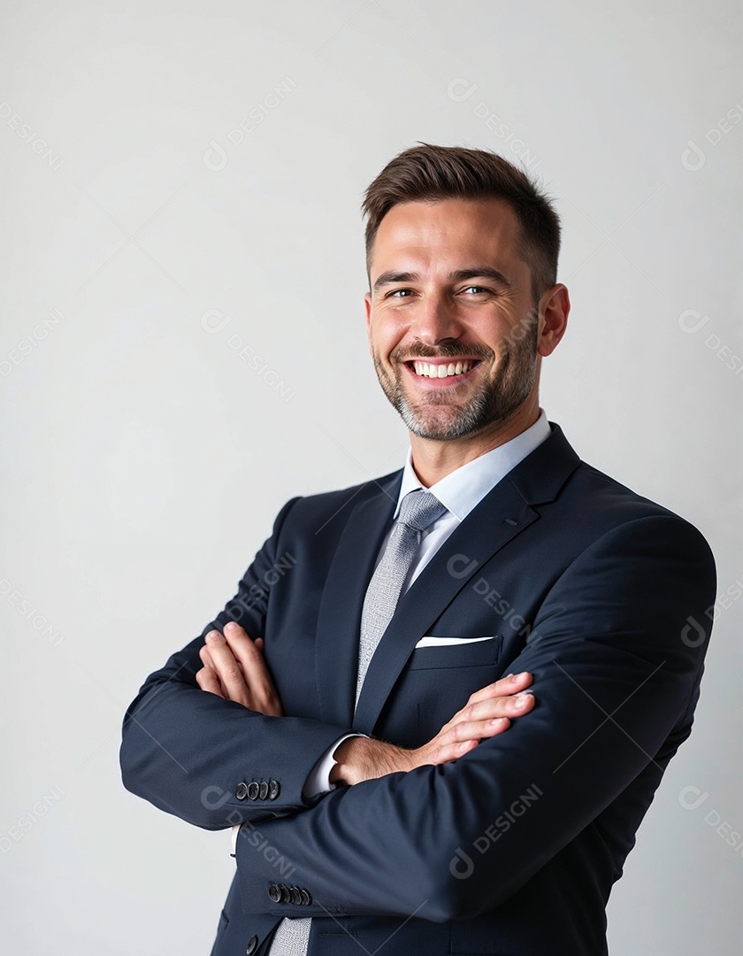 Um retrato de um empresário feliz com os braços cruzados em fundo branco