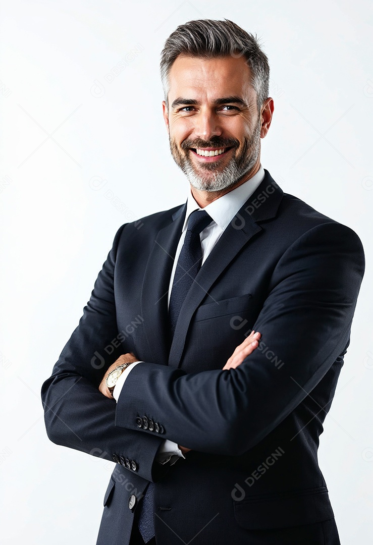 Um retrato de um empresário feliz com os braços cruzados em fundo branco