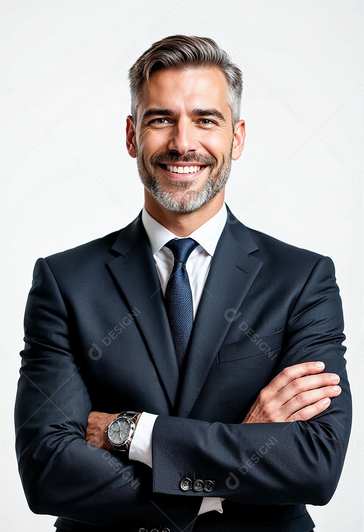 Um retrato de um empresário feliz com os braços cruzados em fundo branco