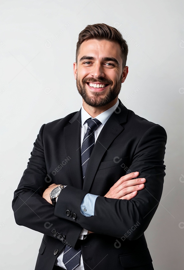 Um retrato de um empresário feliz com os braços cruzados em fundo branco