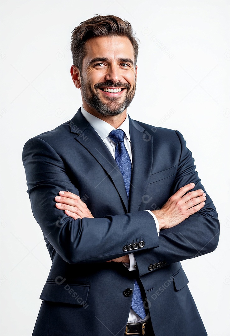 Um retrato de um empresário feliz com os braços cruzados em fundo branco