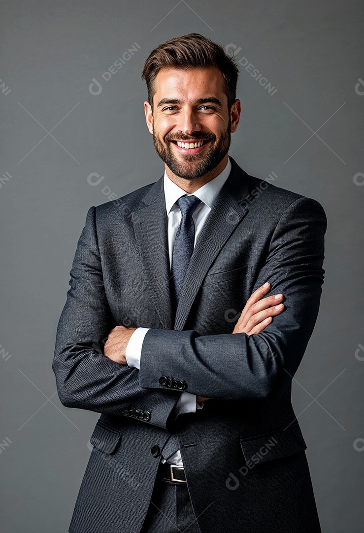 Um retrato de um empresário feliz com os braços cruzados em fundo branco