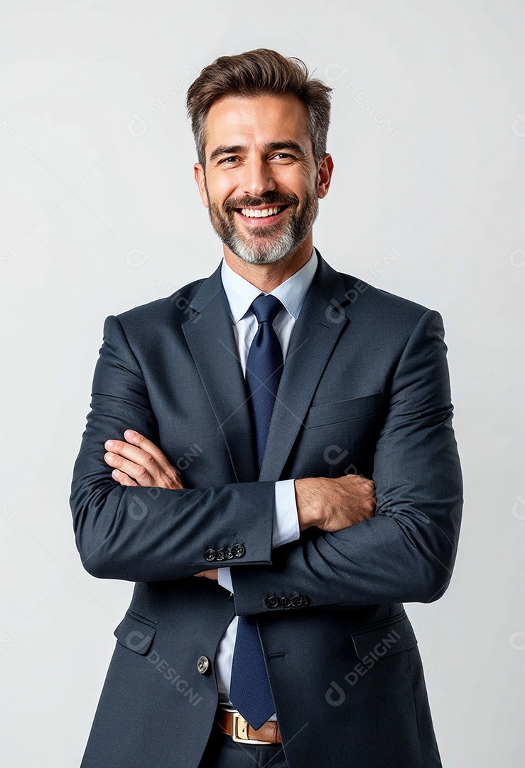 Um retrato de um empresário feliz com os braços cruzados em fundo branco