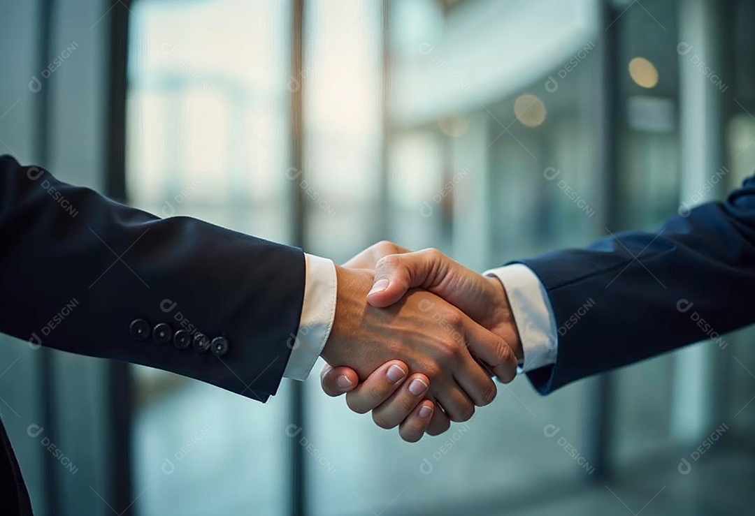 Um retrato de  empresários dando apertos de mãos em fundo desfocado
