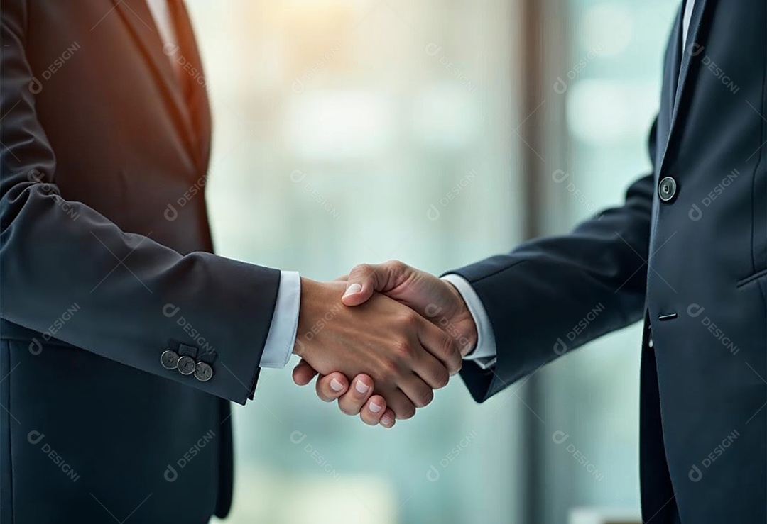 Um retrato de  empresários dando apertos de mãos em fundo desfocado