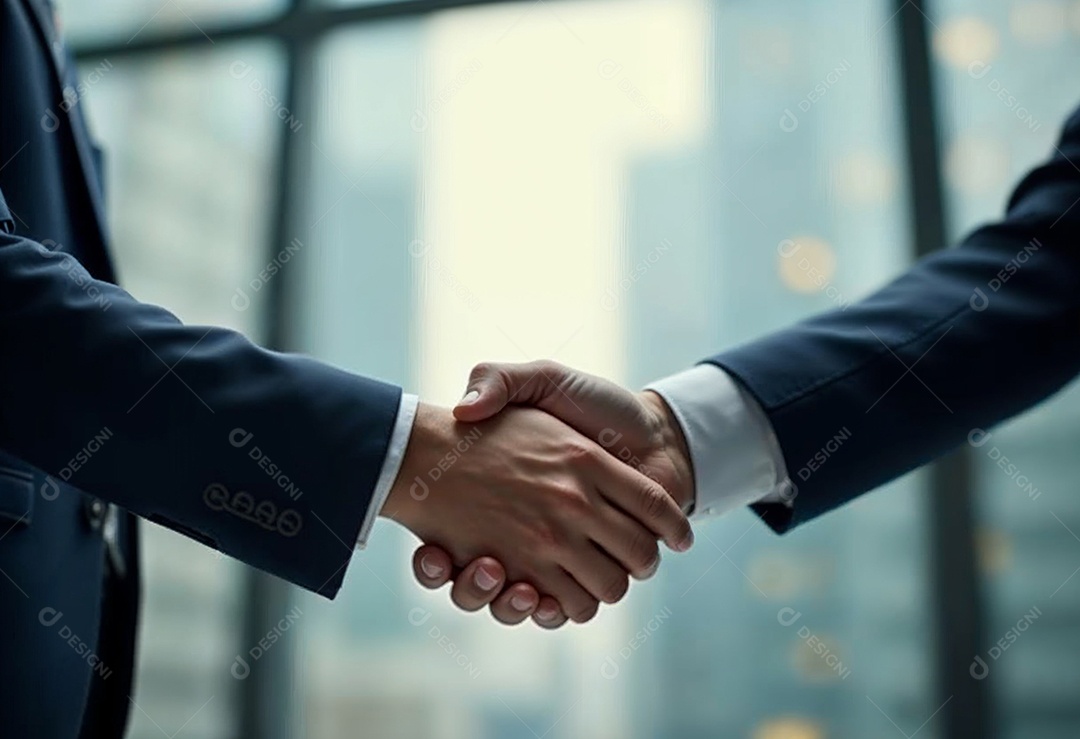 Um retrato de  empresários dando apertos de mãos em fundo desfocado