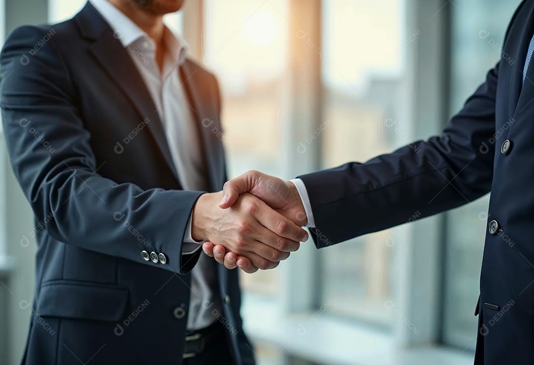 Um retrato de  empresários dando apertos de mãos em fundo desfocado