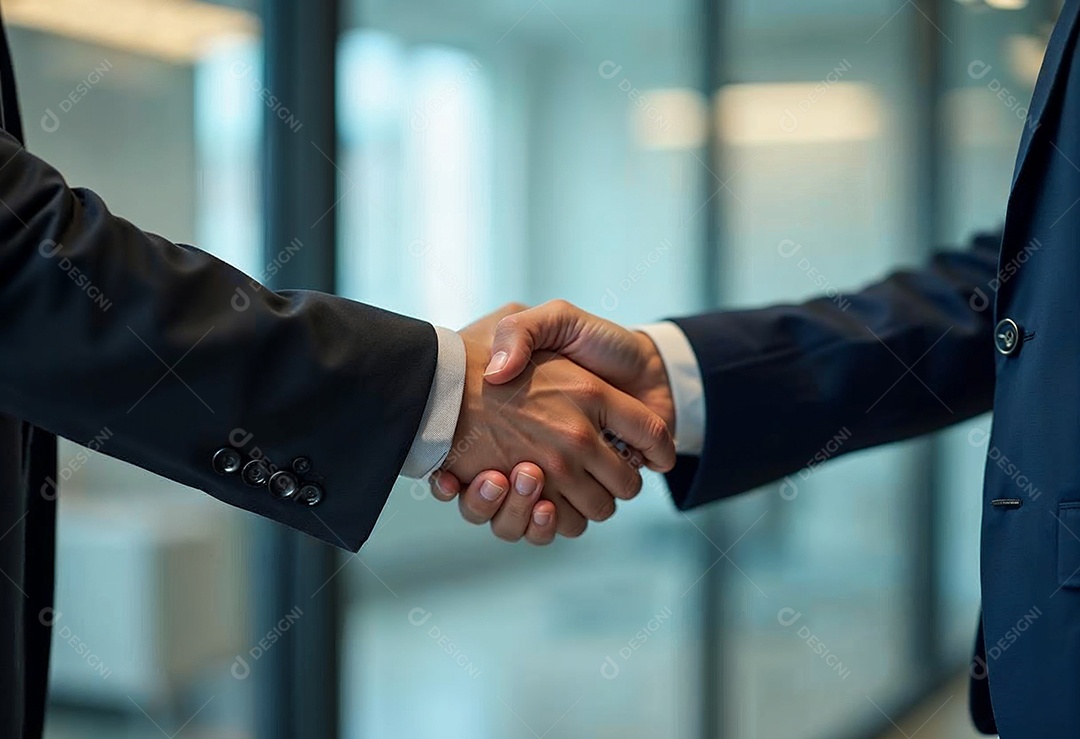 Um retrato de  empresários dando apertos de mãos em fundo desfocado