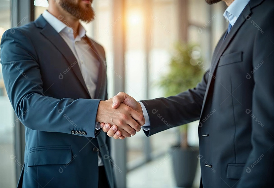Um retrato de empresários dando apertos de mãos em fundo desfocado