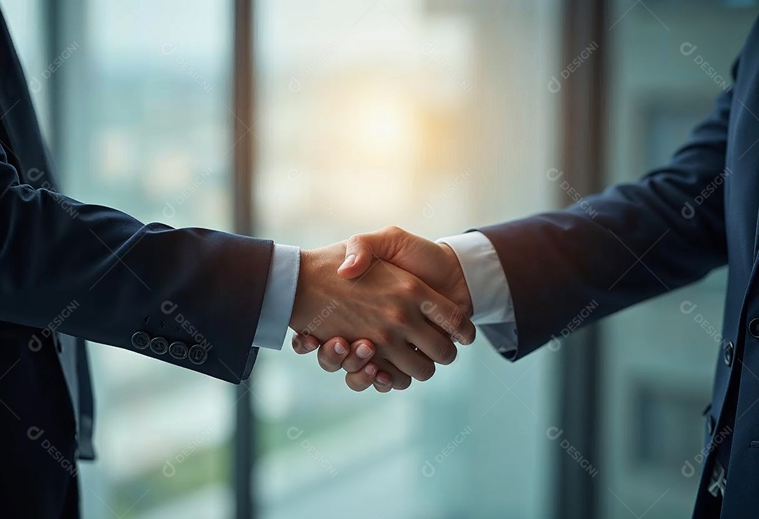 Um retrato de empresários dando apertos de mãos em fundo desfocado