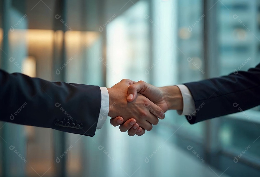 Um retrato de empresários dando apertos de mãos em fundo desfocado