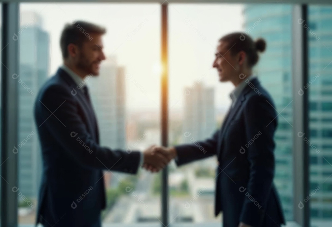 Um retrato de empresários dando apertos de mãos em fundo desfocado