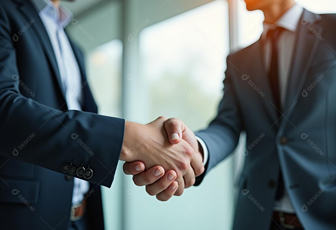 Um retrato de empresários dando apertos de mãos em fundo desfocado