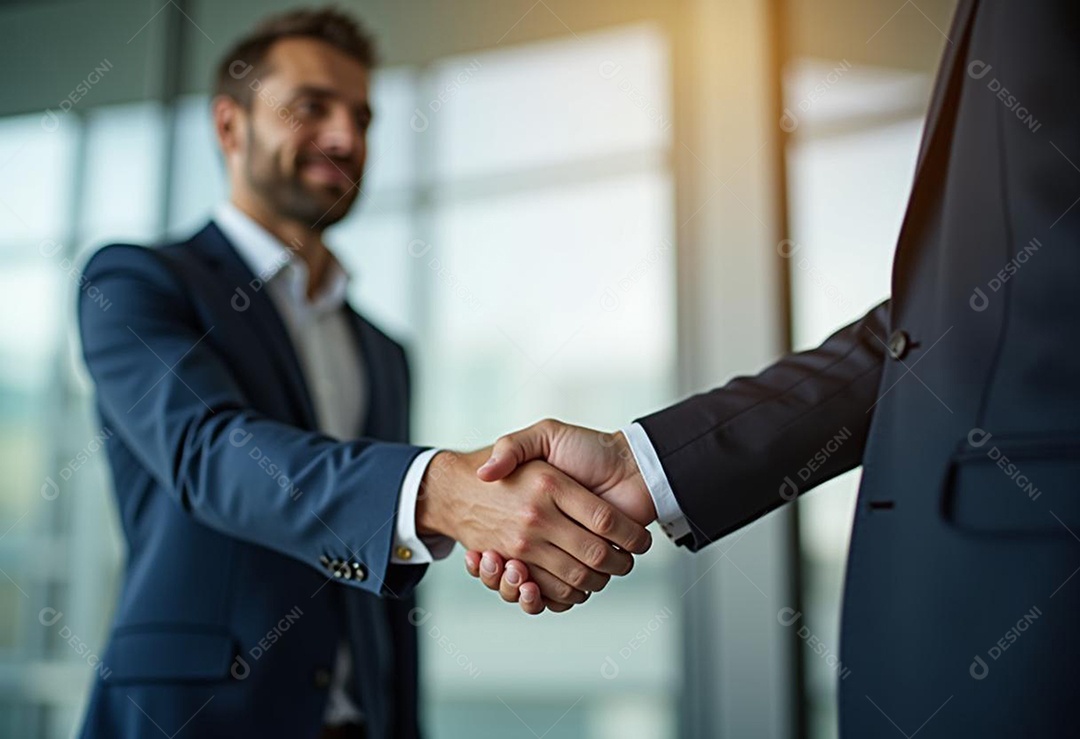 Um retrato de empresários dando apertos de mãos em fundo desfocado