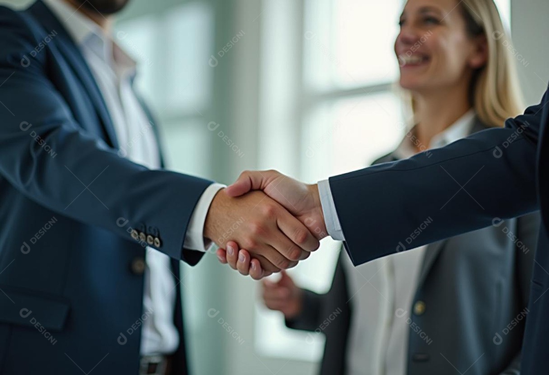 Um retrato de empresários dando apertos de mãos em fundo desfocado