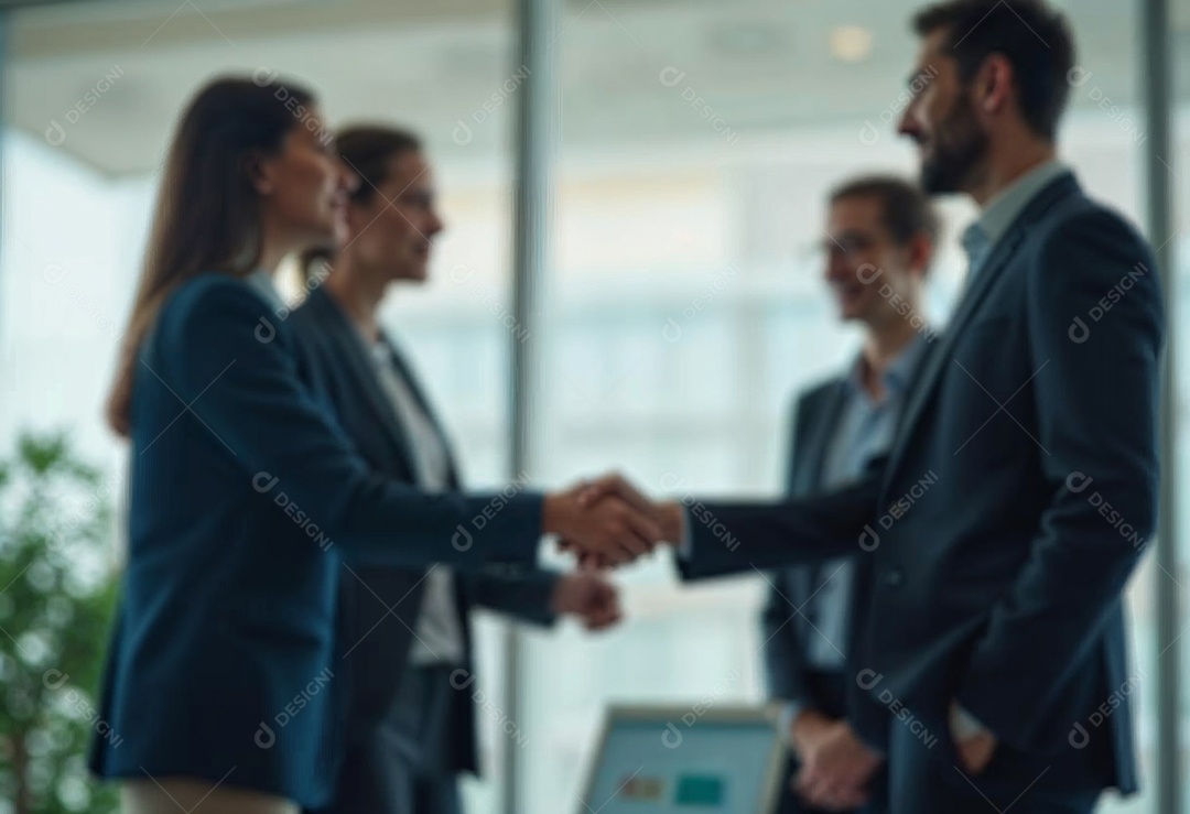 Um retrato de empresários dando apertos de mãos em fundo desfocado