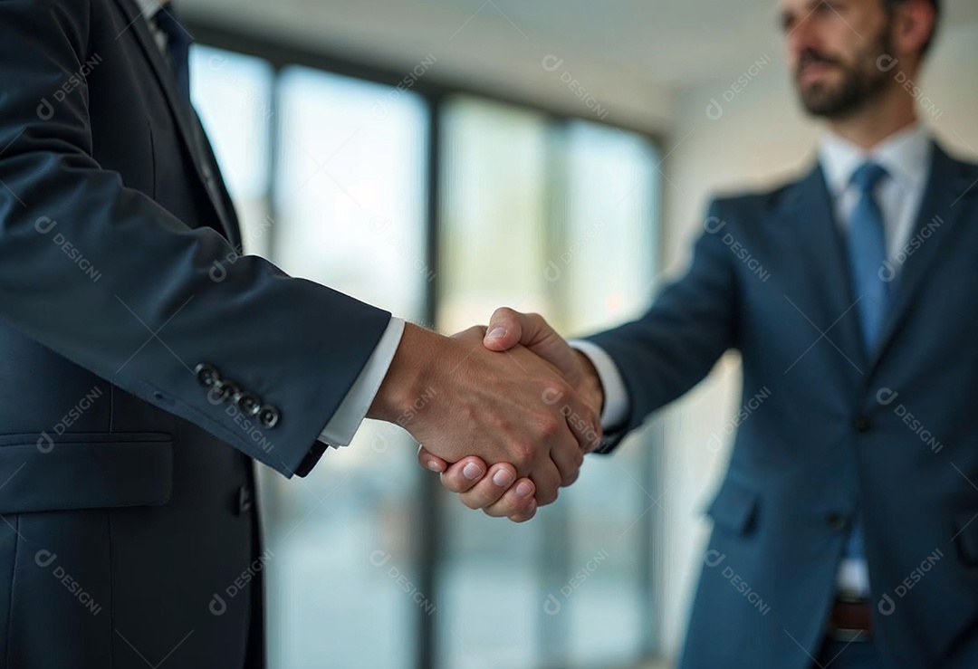 Um retrato de empresários dando apertos de mãos em fundo desfocado