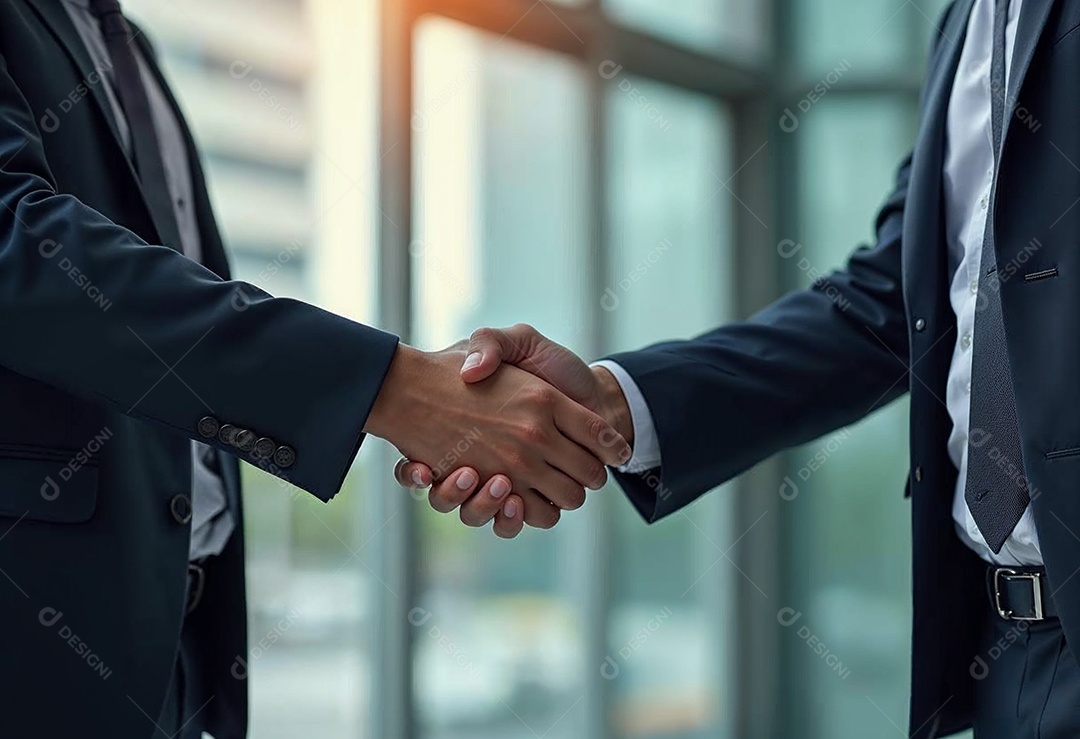 Um retrato de empresários dando apertos de mãos em fundo desfocado