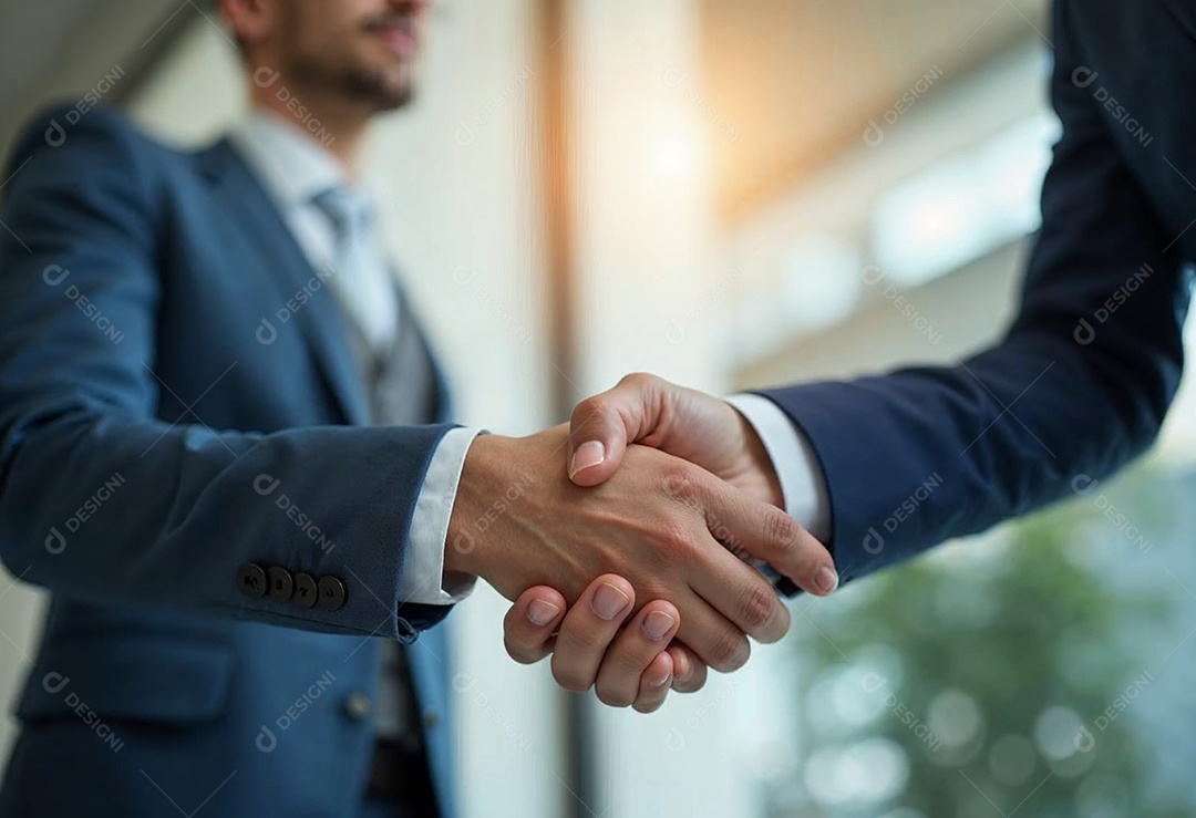 Um retrato de empresários dando apertos de mãos em fundo desfocado