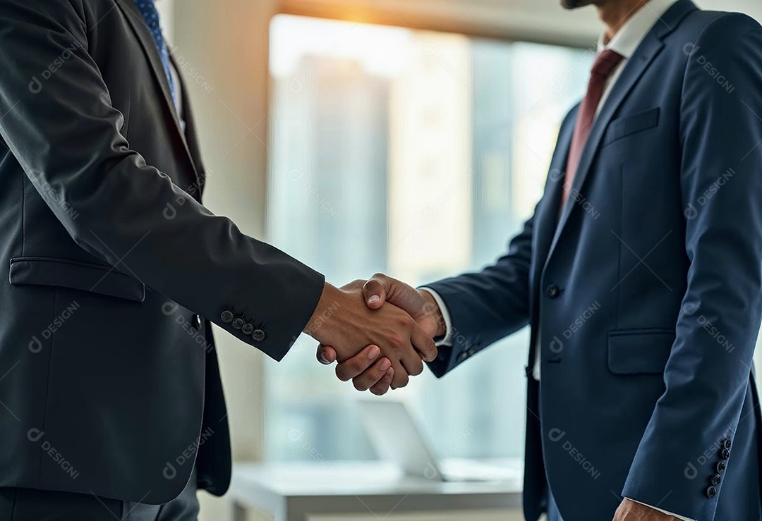 Um retrato de empresários dando apertos de mãos em fundo desfocado