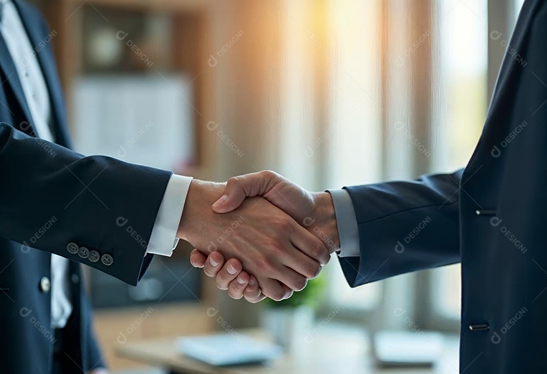 Um retrato de empresários dando apertos de mãos em fundo desfocado