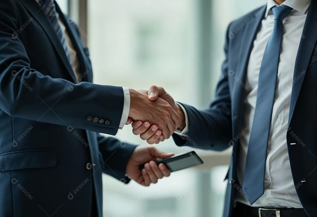 Um retrato de empresários dando apertos de mãos em fundo desfocado