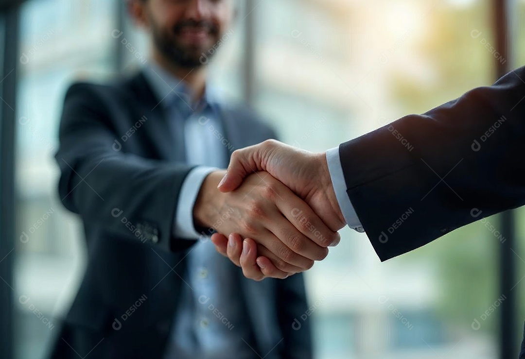 Um retrato de empresários dando apertos de mãos em fundo desfocado