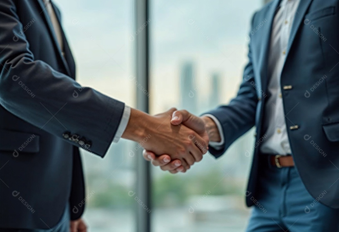 Um retrato de empresários dando apertos de mãos em fundo desfocado