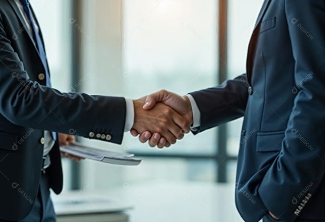 Um retrato de empresários dando apertos de mãos em fundo desfocado