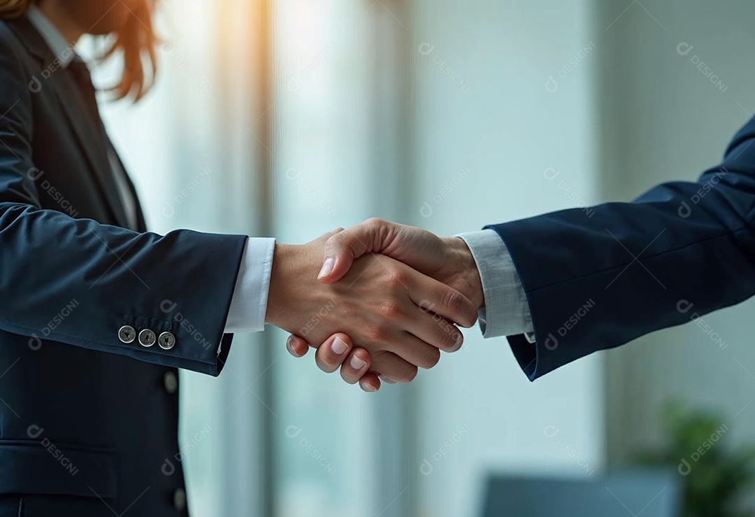 Um retrato de empresários dando apertos de mãos em fundo desfocado