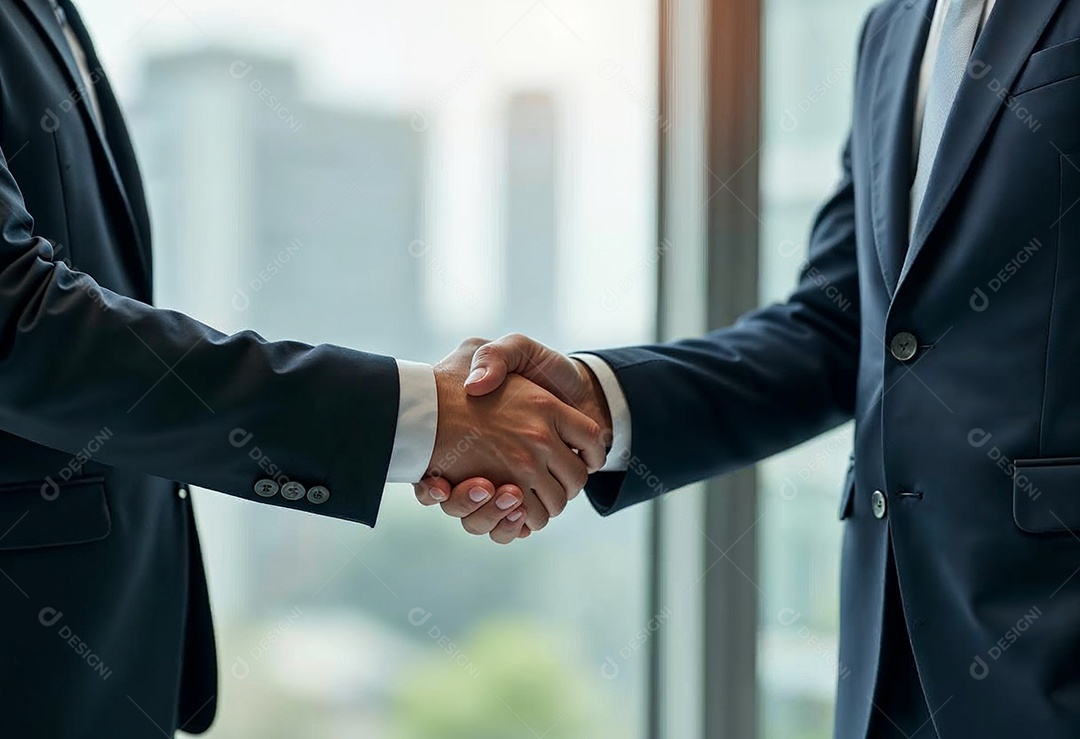 Um retrato de empresários dando apertos de mãos em fundo desfocado