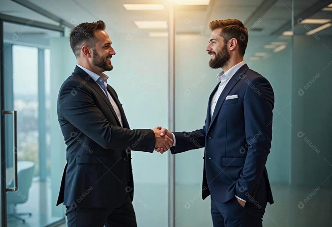 Um retrato de empresários dando apertos de mãos em fundo desfocado