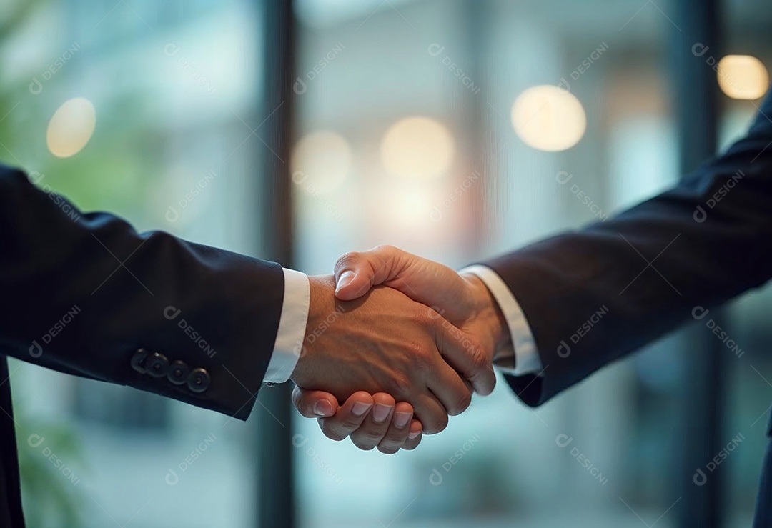 Um retrato de empresários dando apertos de mãos em fundo desfocado