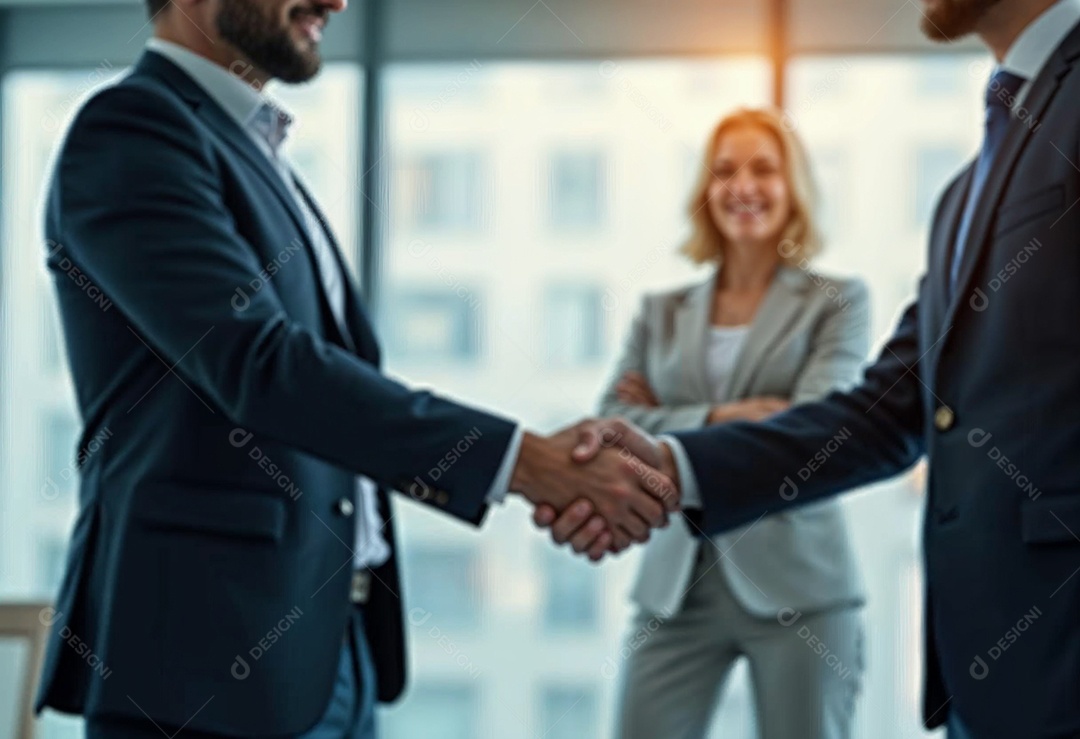 Um retrato de empresários dando apertos de mãos em fundo desfocado