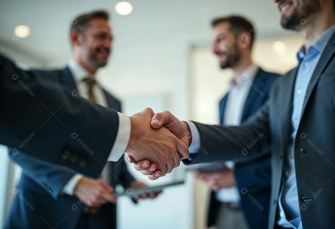 Um retrato de empresários dando apertos de mãos em fundo desfocado