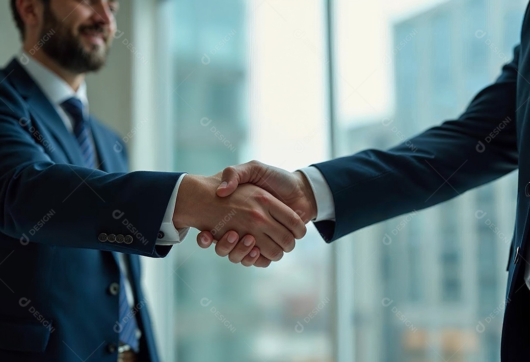 Um retrato de empresários dando apertos de mãos em fundo desfocado